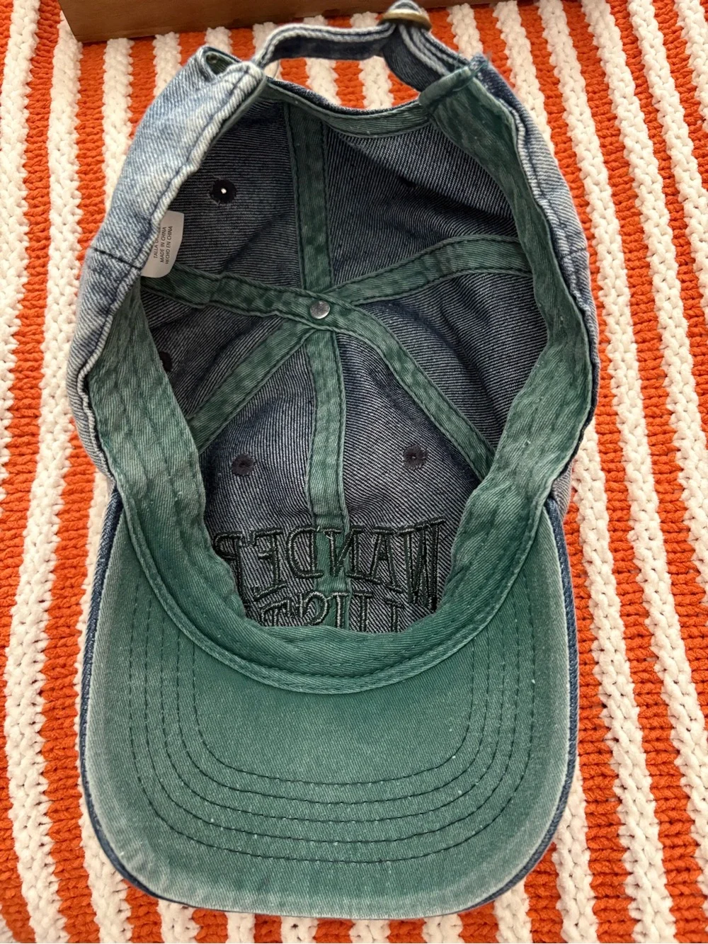 WANDERLUST Women’s Denim Baseball Cap - Blue with Green Embroidery